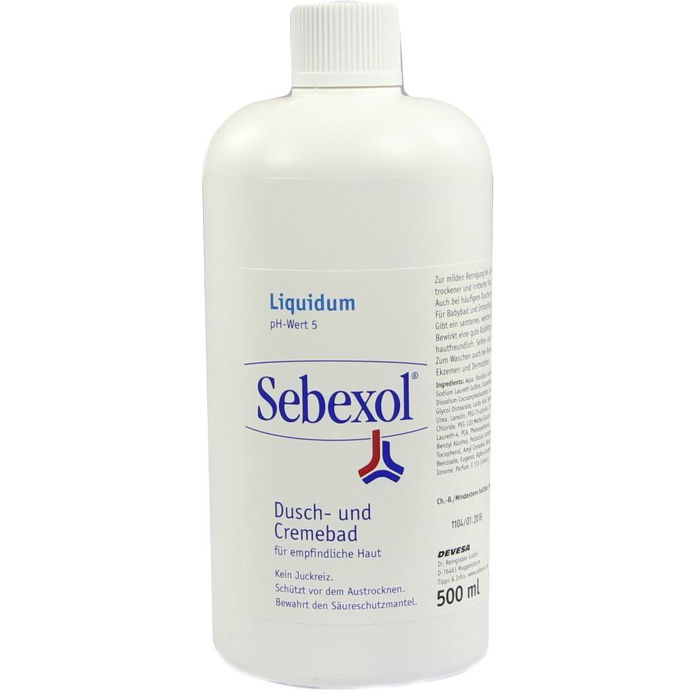 Eine wei&szlig;e Flasche mit Sebexol Dusch- und Cremebad f&uuml;r empfindliche Haut.