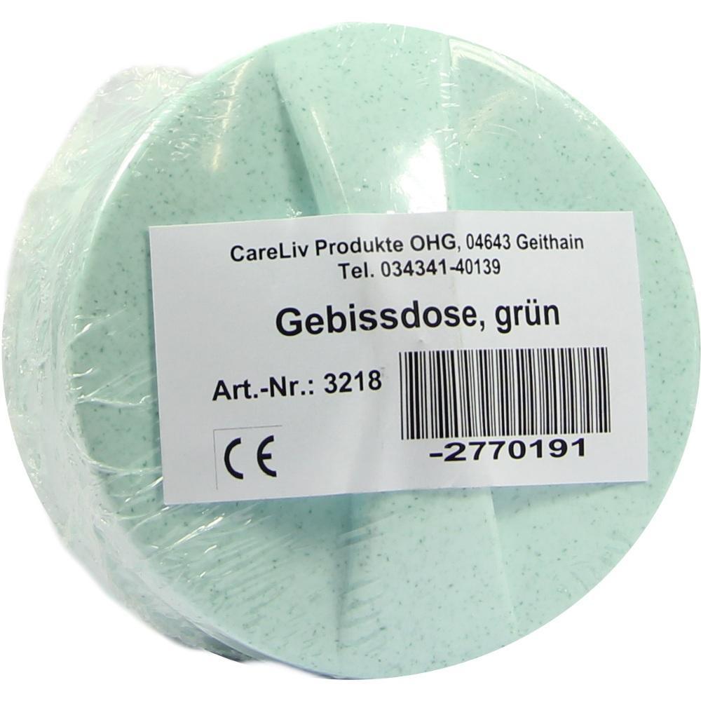 Eine gr&uuml;ne Gebissdose mit einem Etikett und Barcode.