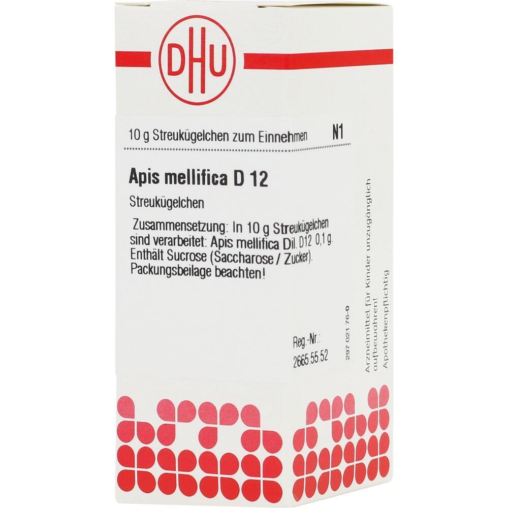 Packung mit homöopathischen Streukügelchen namens Apis mellifica D12 von DHU.