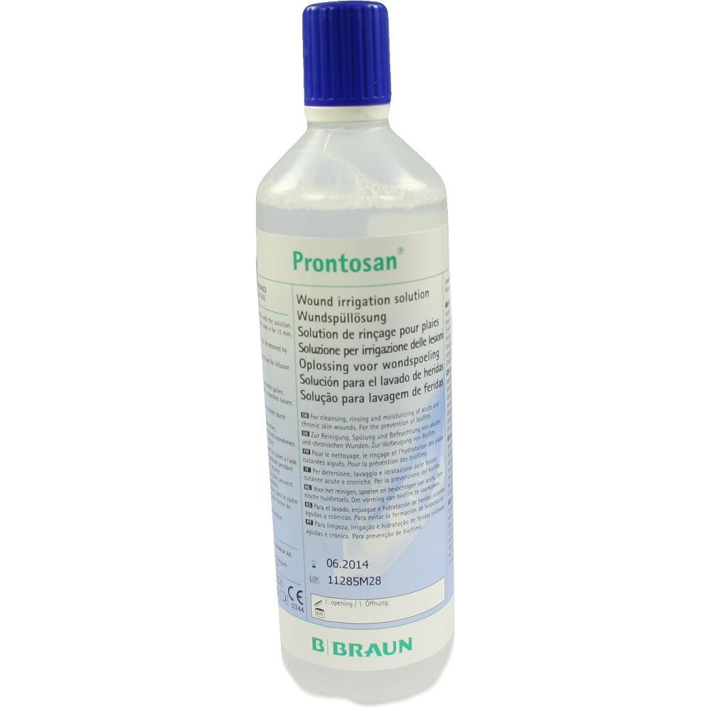 Eine Plastikflasche mit blauer Kappe und Etikett für Wundspüllösung.