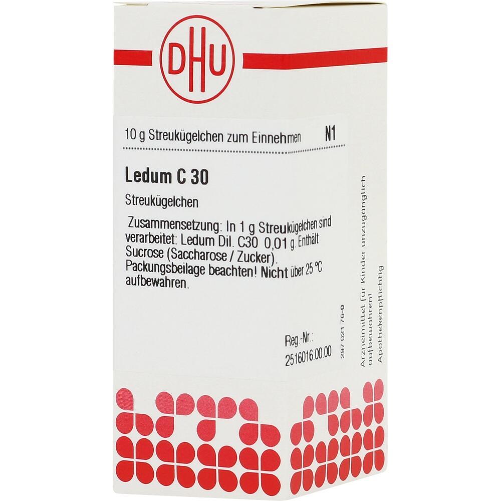Weiße Medikamentenverpackung mit rotem Logo und Aufschrift "Ledum C 30".