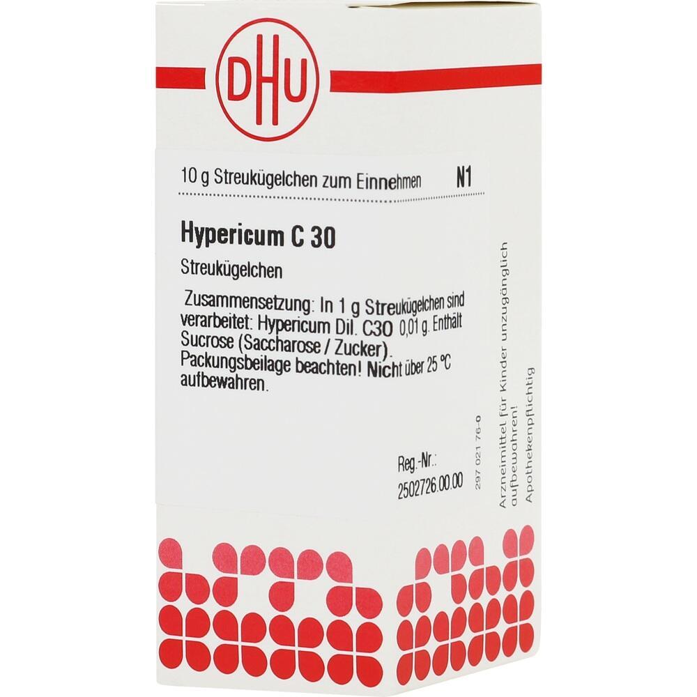 Weiße Verpackung mit der Aufschrift "Hypericum C 30" und roten Mustern unten.