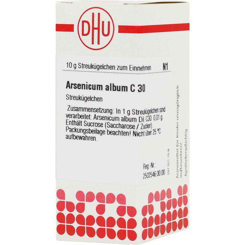 Die Verpackung zeigt "Arsenicum album C 30" als Streukügelchen gegen Beschwerden.