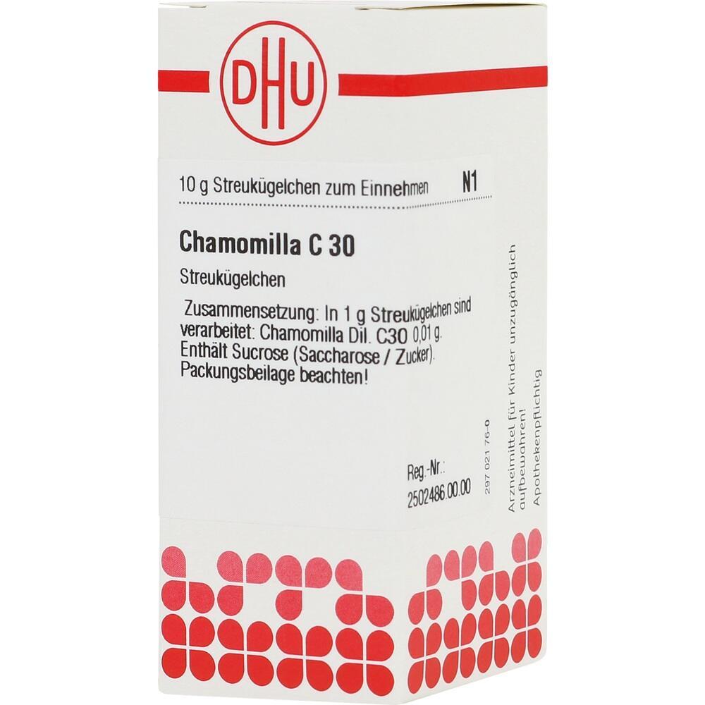 Die Verpackung zeigt "Chamomilla C 30" Streukügelchen von DHU.