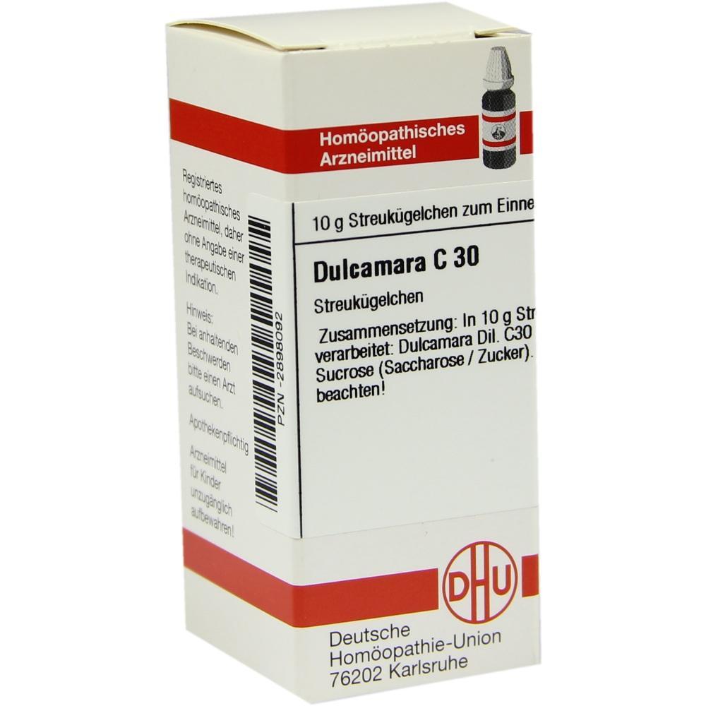 Weiße Schachtel mit rotem Streifen, darauf steht "Dulcamara C 30".
