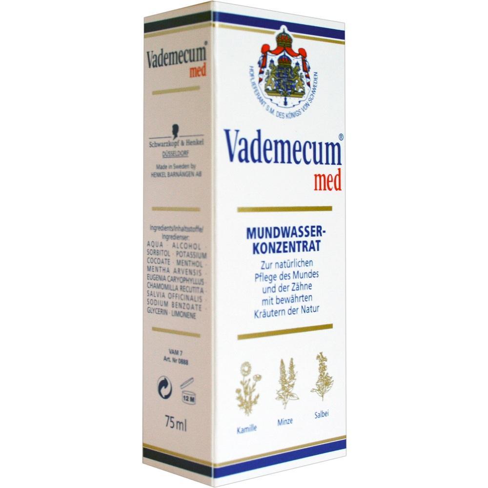 Wei&szlig;e Verpackung von Vademecum-Mundwasserkonzentrat mit Kr&auml;utern abgebildet.