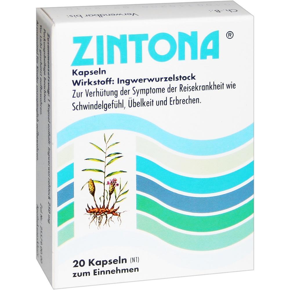 Verpackung von Ingwerkapseln gegen Reisekrankheit mit Pflanzenbild und Wellenmuster.