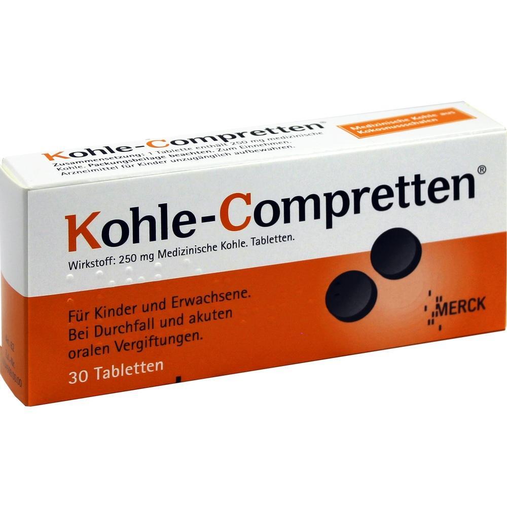 Wei&szlig;e Medikamentenverpackung f&uuml;r Kohletabletten gegen Durchfall und Vergiftungen.