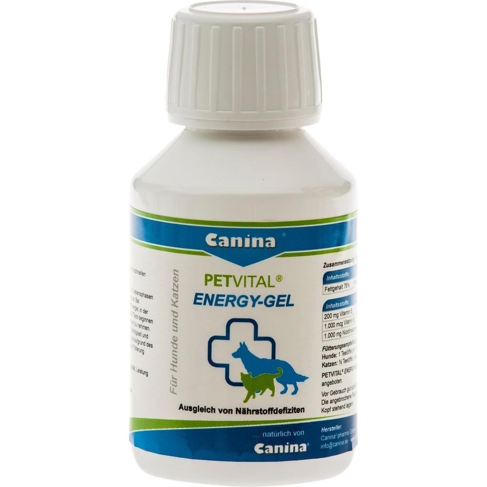Eine wei&szlig;e Flasche mit Petvital Energy-Gel f&uuml;r Hunde und Katzen.