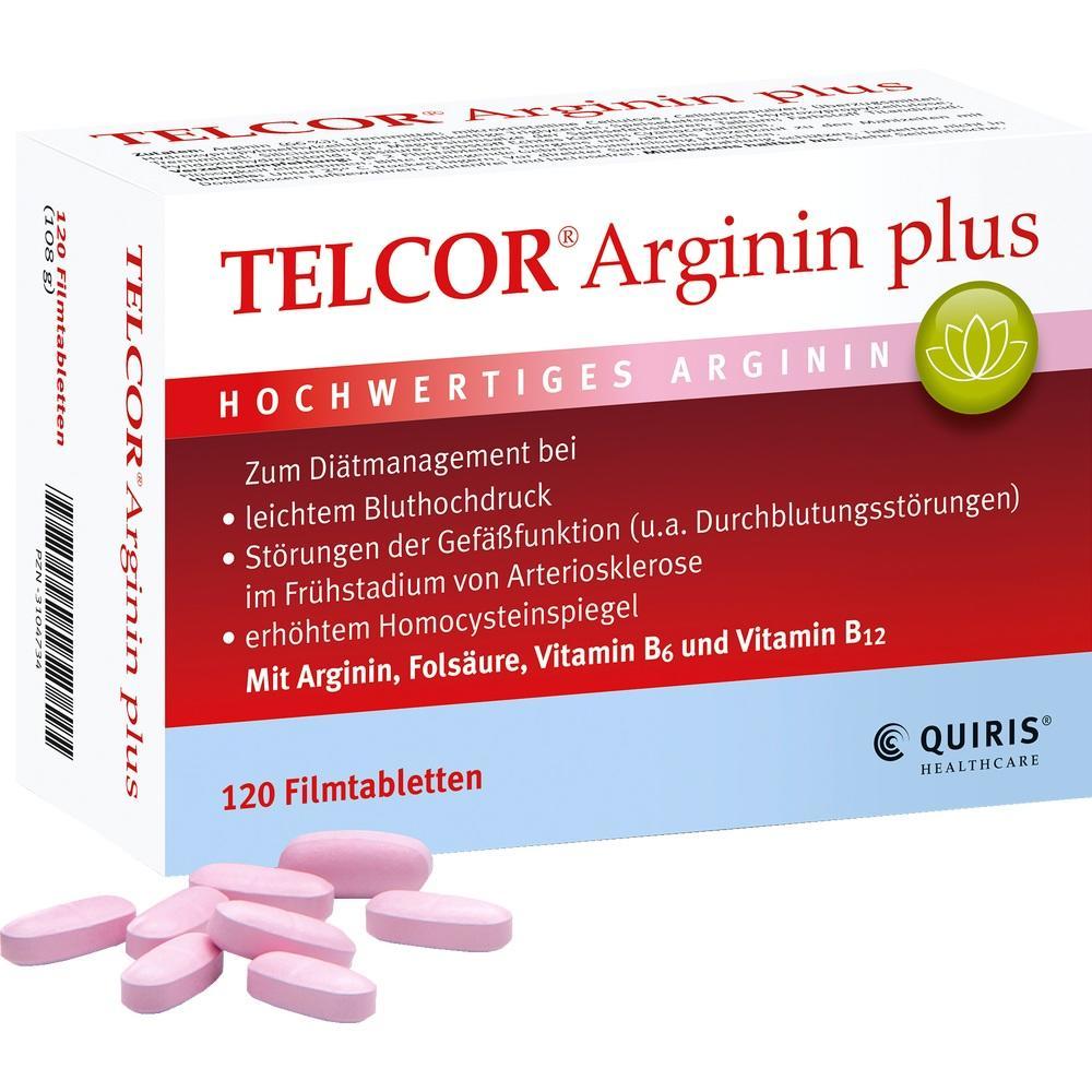 Eine Packung mit rosafarbenen Tabletten namens Telcor Arginin plus.