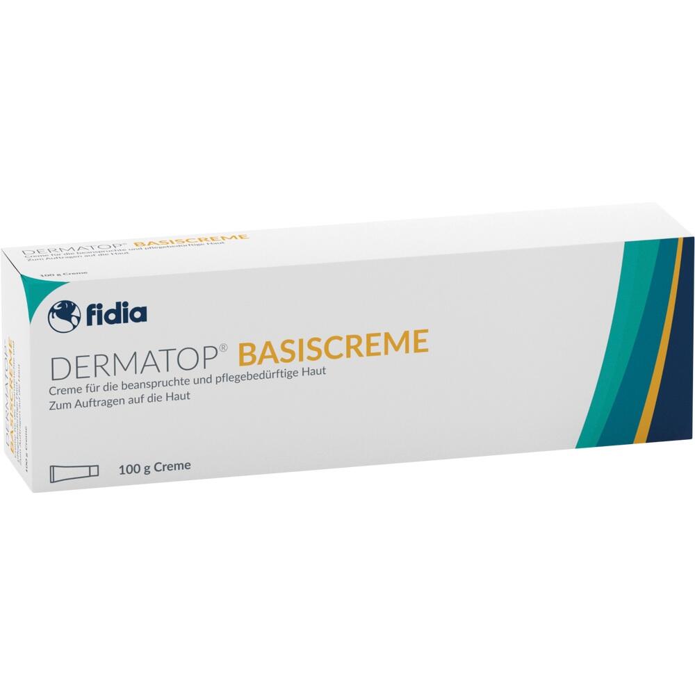 Wei&szlig;e Packung der Dermatop Basiscreme f&uuml;r pflegebed&uuml;rftige Haut, 100 g.