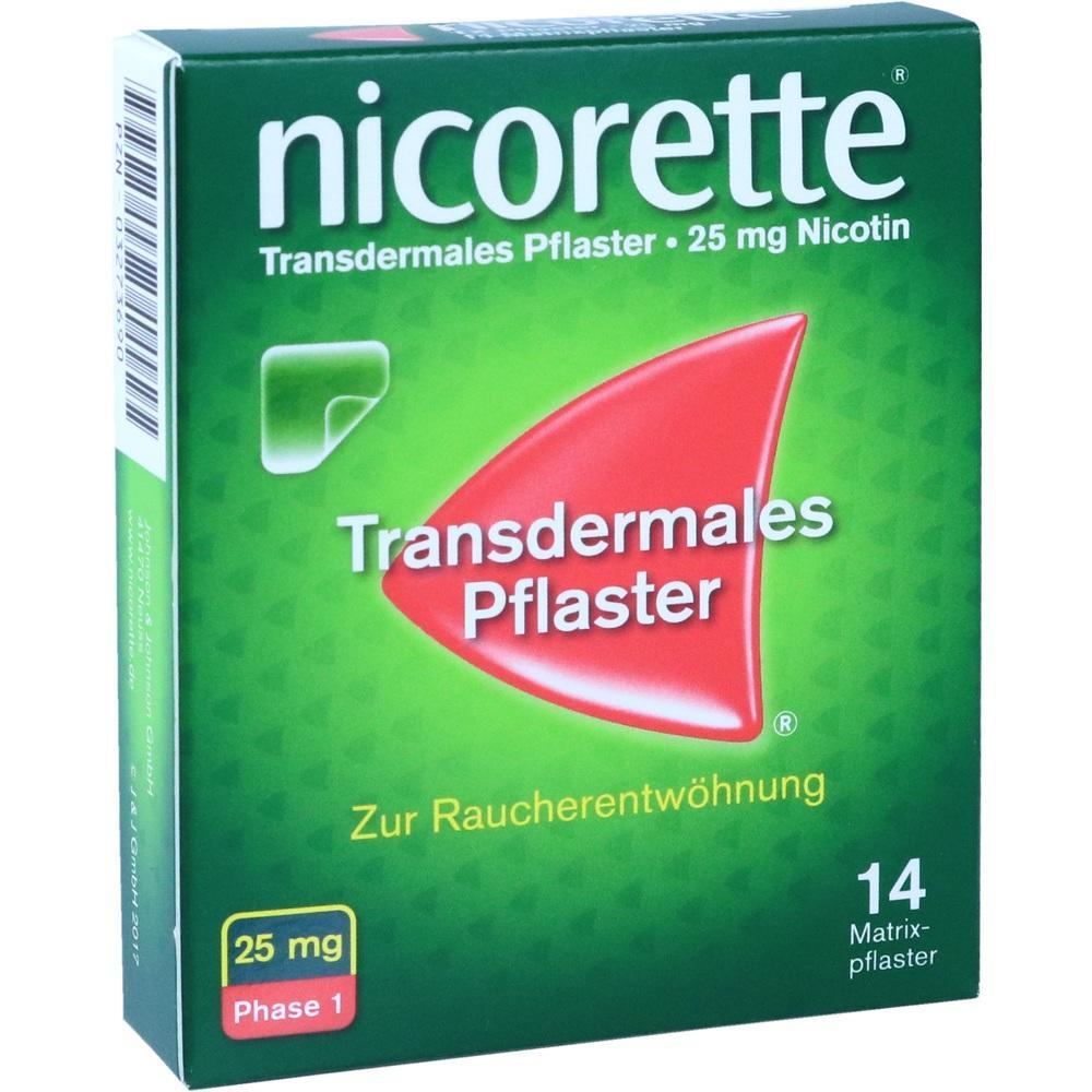 Eine gr&uuml;ne Packung Nicorette Anti-Raucher Pflaster mit 25 mg Nikotin.