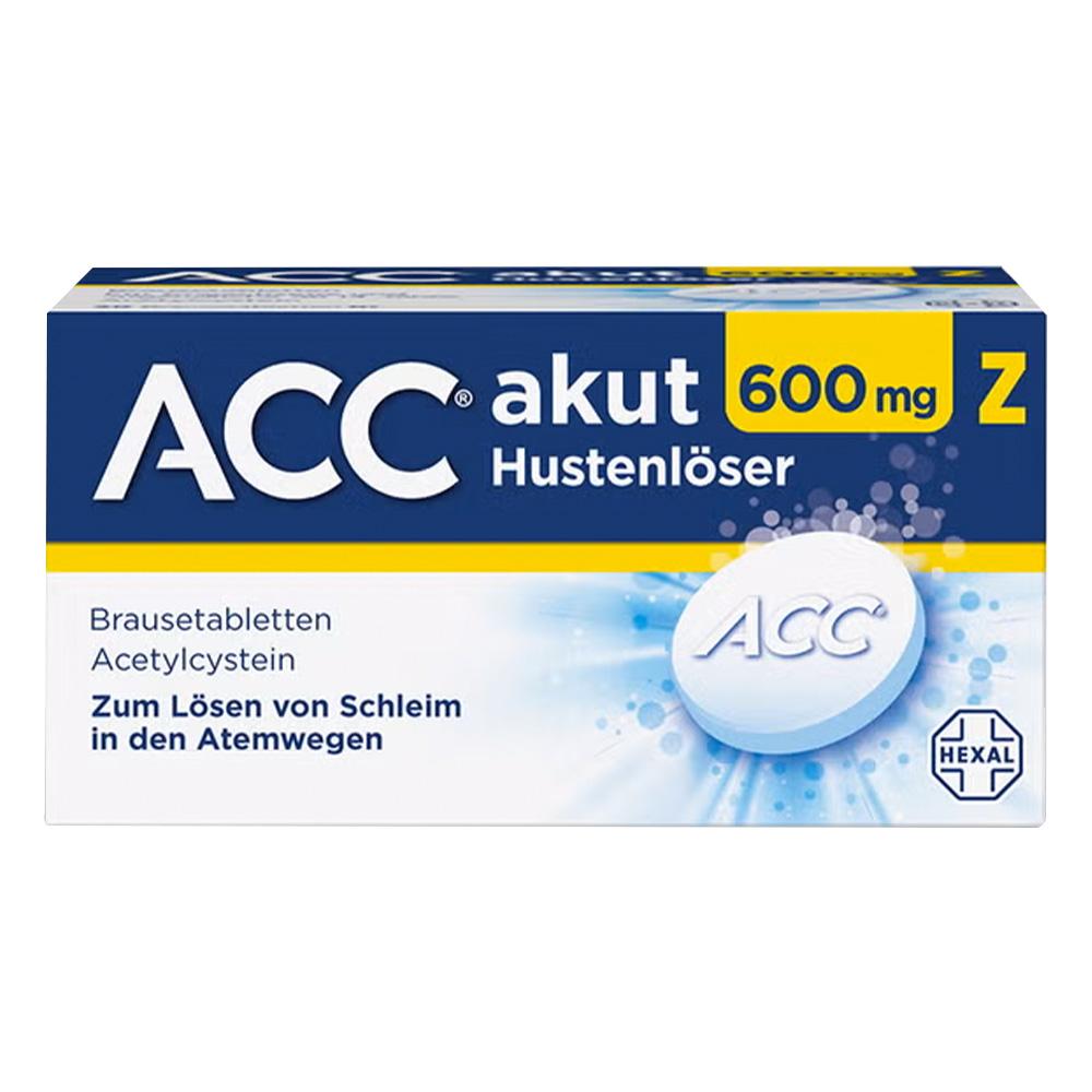 Verpackung von ACC akut 600 mg Hustenl&ouml;ser Brausetabletten f&uuml;r die Atemwege.