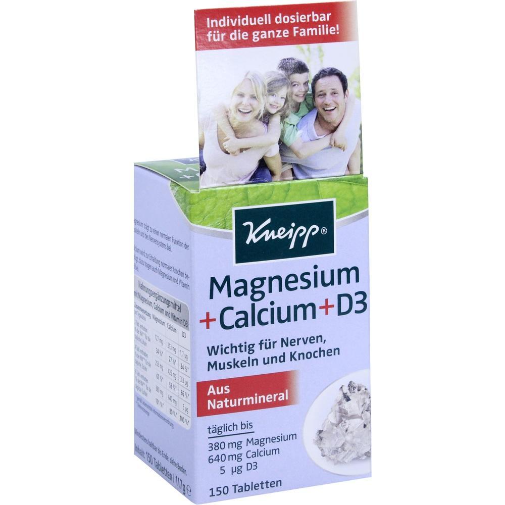 Eine Schachtel Kneipp Magnesium+Calcium+D3 Tabletten für Nerven, Muskeln und Knochen.