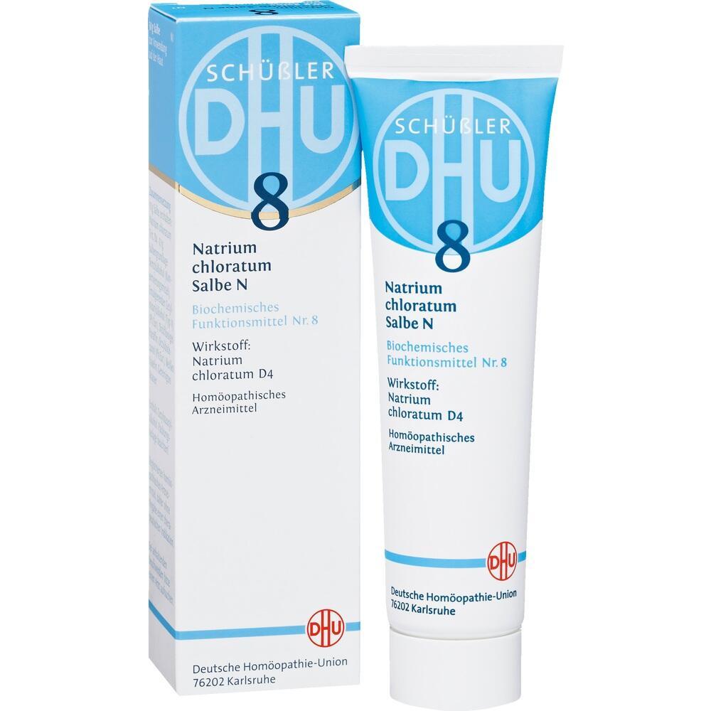 Eine blaue und wei&szlig;e Salbe namens "Natrium chloratum Salbe N" steht neben ihrer Verpackung.