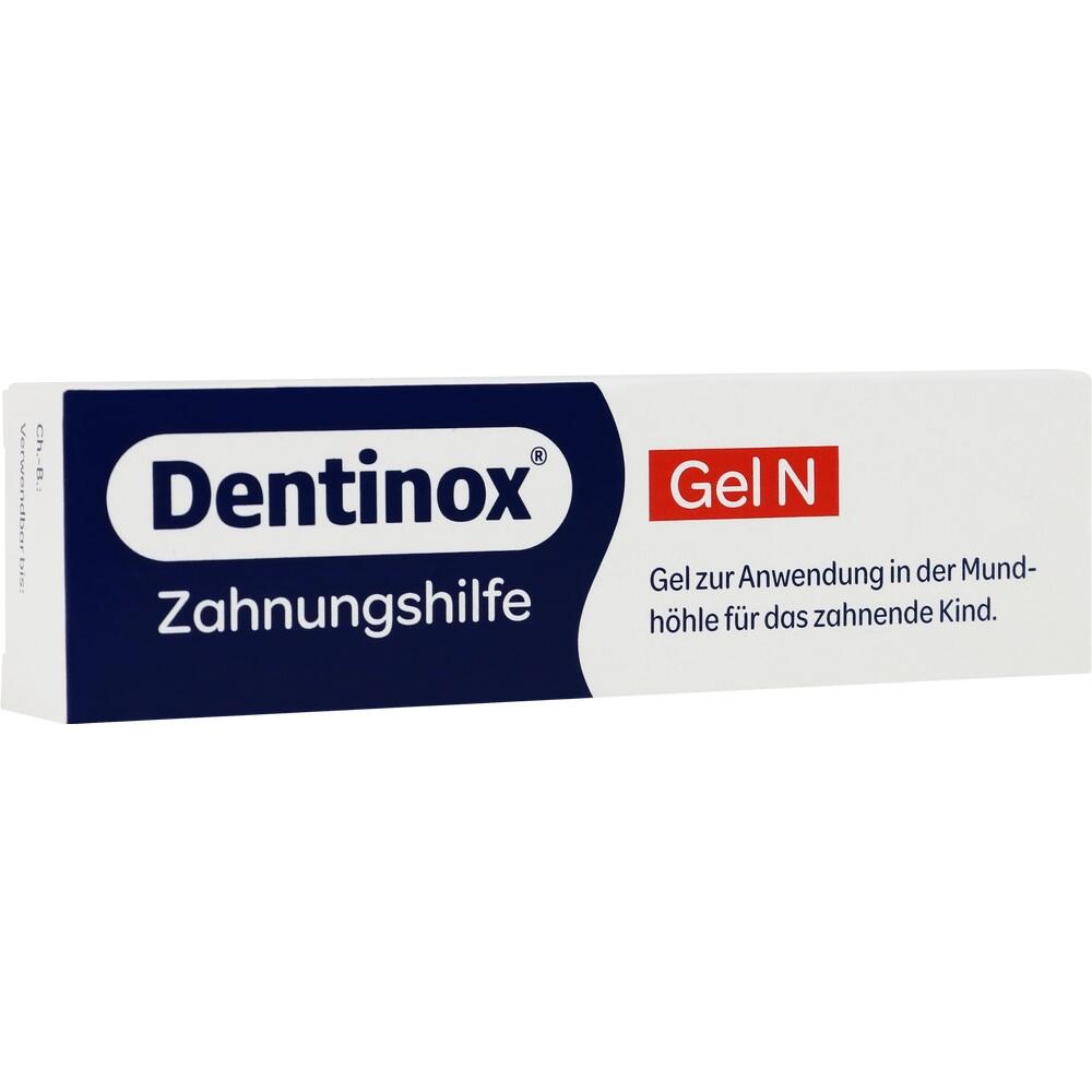 Eine Packung Dentinox Zahnungshilfe-Gel für zahnende Kinder.