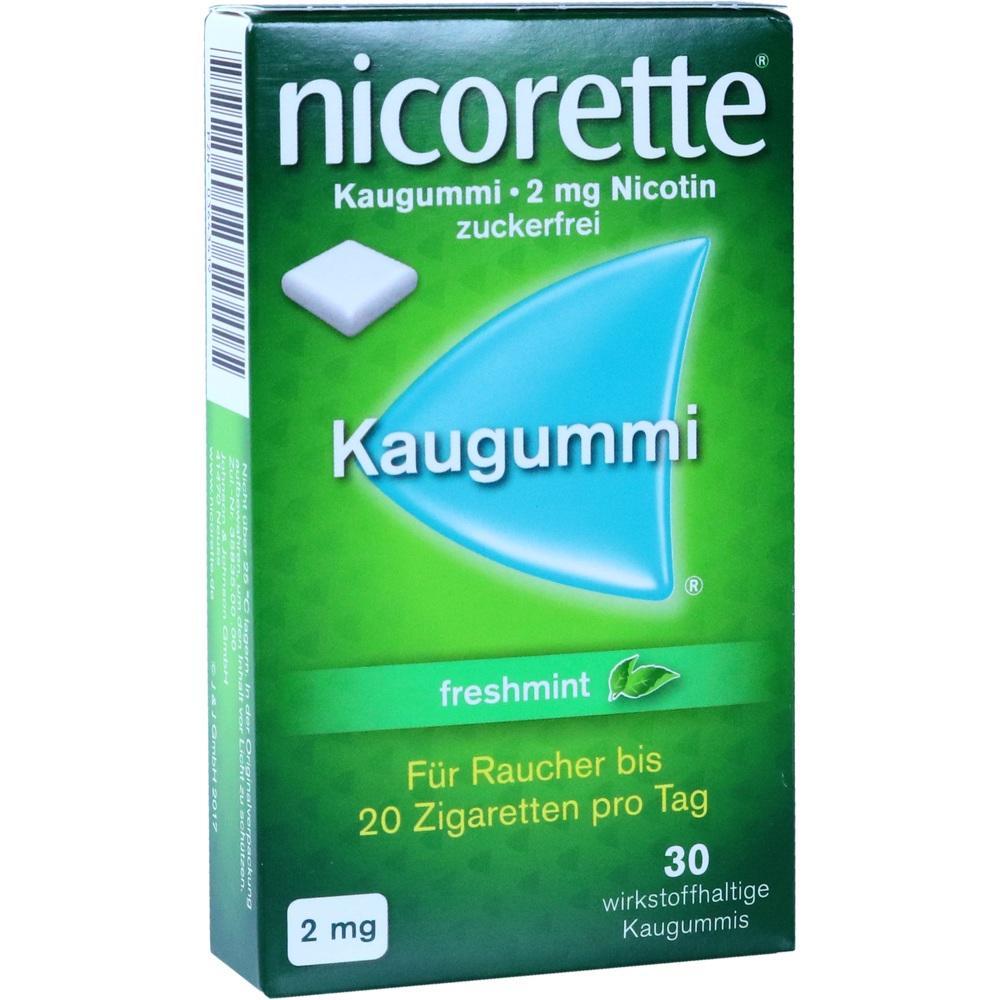 Gr&uuml;ne Packung Nicorette Kaugummi mit 2 mg Nikotin, freshmint, f&uuml;r Raucher bis 20 Zigaretten t&auml;glich.