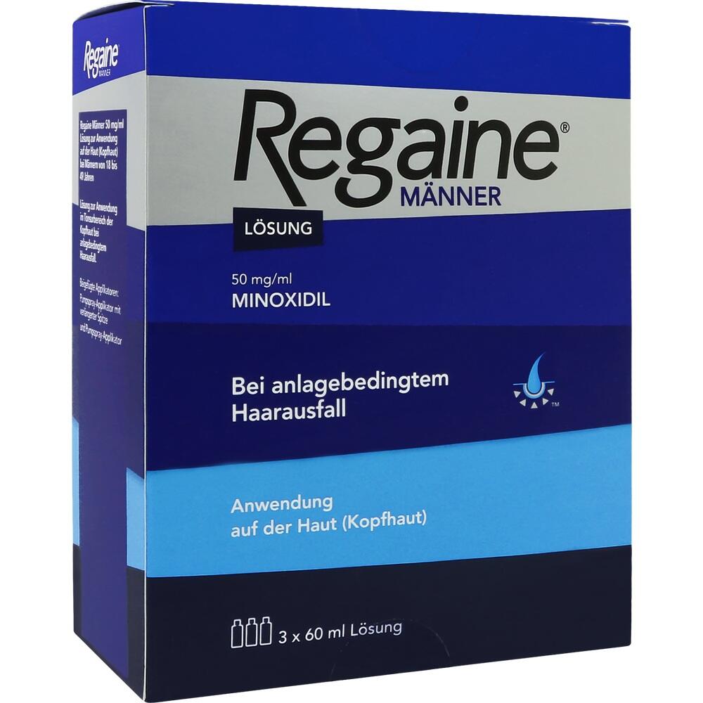 Blaue Verpackung von Regaine f&uuml;r M&auml;nner gegen erblich bedingten Haarausfall.