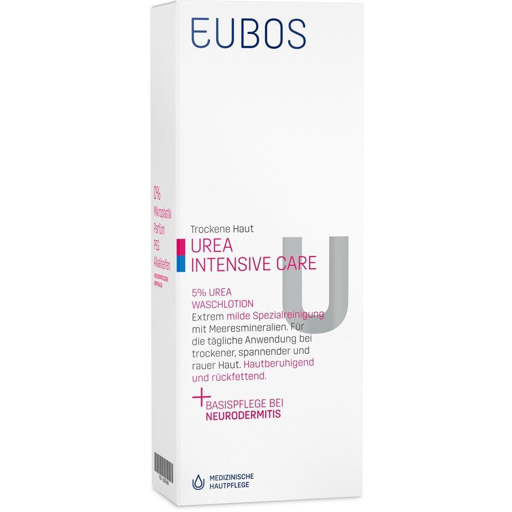 Eine wei&szlig;e Flasche mit Urea-Waschlotion f&uuml;r trockene Haut wird gezeigt.