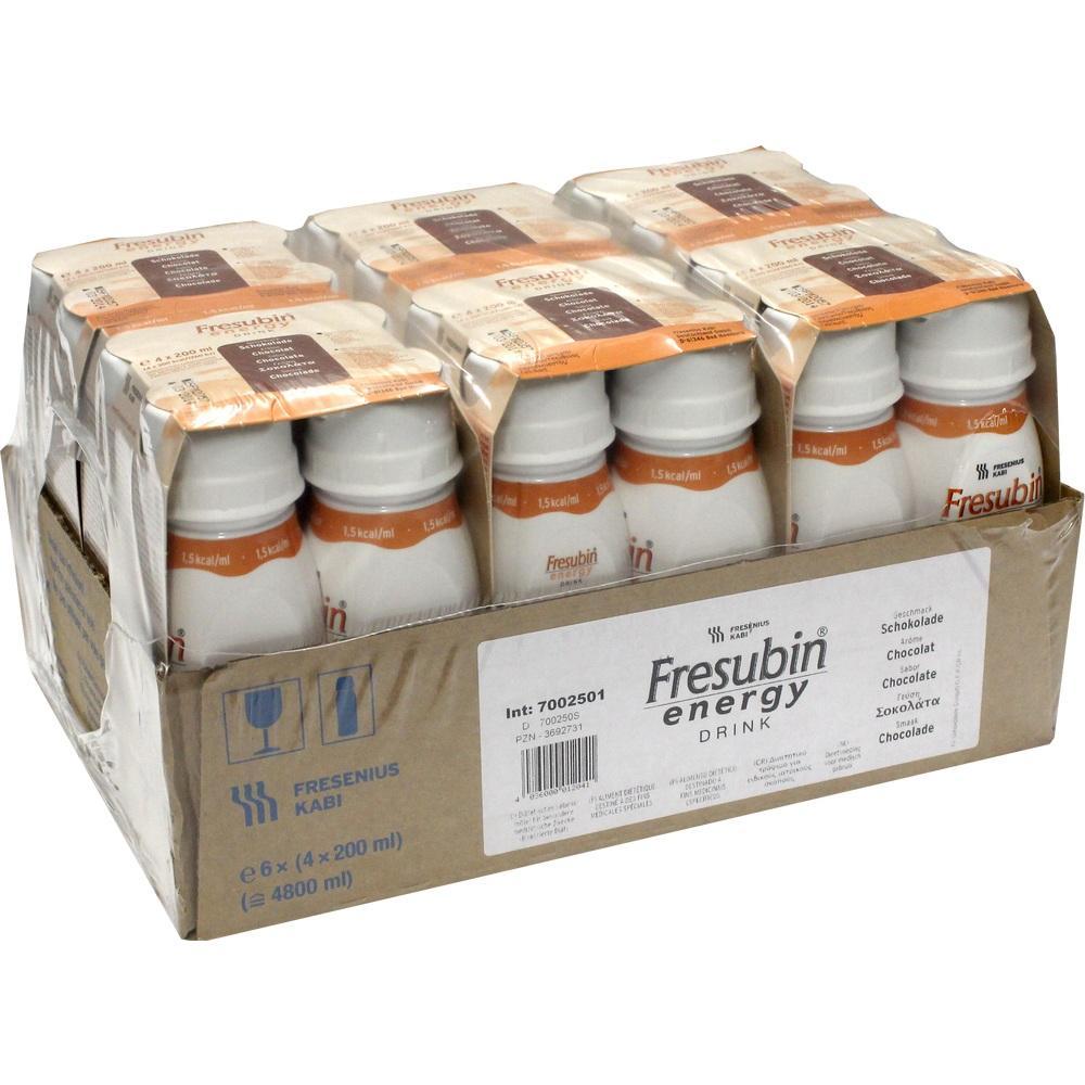 Sechs Flaschen Fresubin Energy Drink sind in einer Verpackung zusammengefasst.