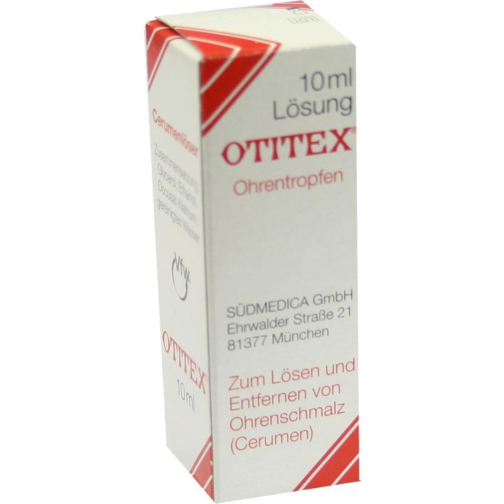 Wei&szlig;e Schachtel f&uuml;r Ohrentropfen mit rotem Text und Logo.