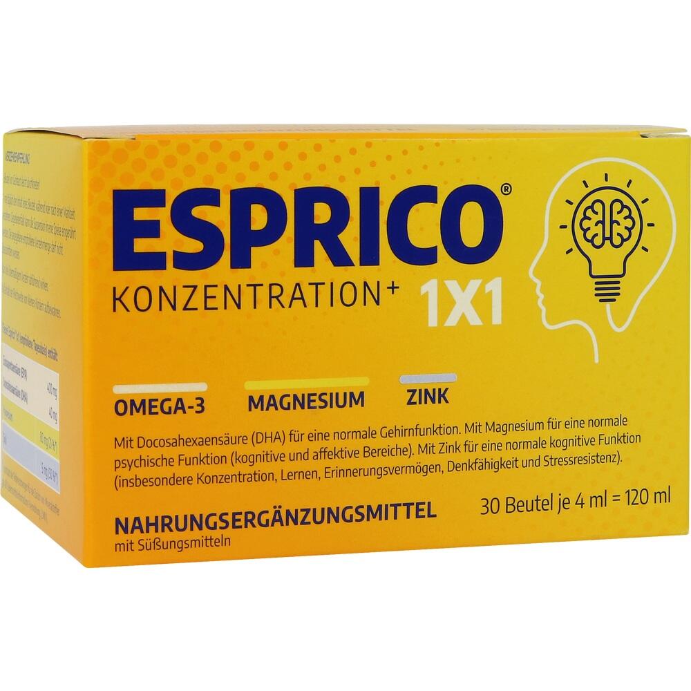 Gelbe Verpackung von ESPRICO Nahrungserg&auml;nzungsmittel mit Omega-3, Magnesium und Zink.