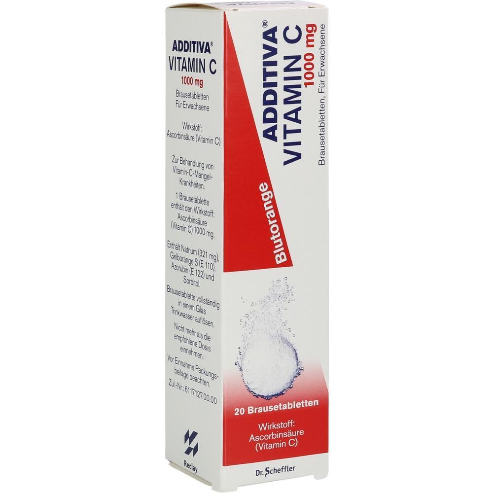 Verpackung von Brausetabletten mit Vitamin C, Geschmacksrichtung Blutorange.