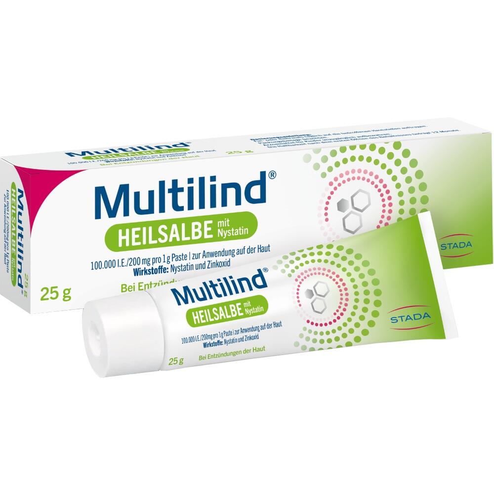 Wei&szlig;e Tube und Schachtel mit der Aufschrift "Multilind Heilsalbe".