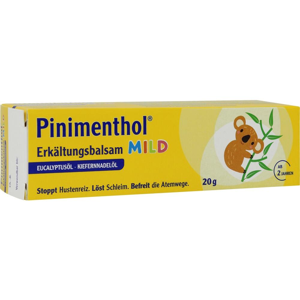Gelbe Verpackung eines Erkältungsbalsams mit Eukalyptusöl und Kiefernnadelöl.