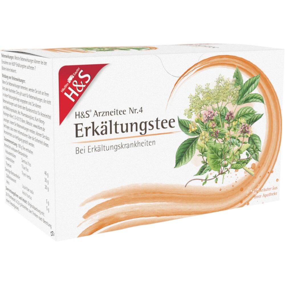 Packung mit H&S Erk&auml;ltungstee und Abbildungen von Pflanzen.