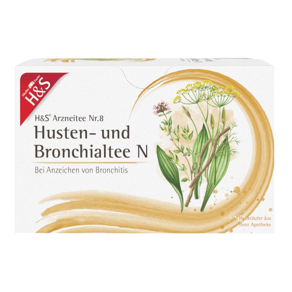 Packung von H&S Husten- und Bronchialtee mit Abbildung von Kr&auml;utern.
