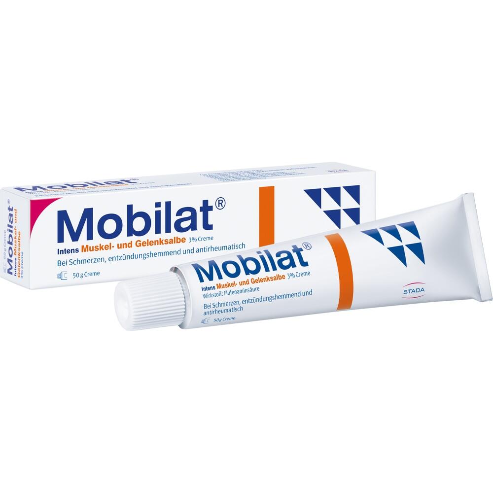 Eine Tube Mobilat-Salbe vor ihrer Verpackung gegen Schmerzen.