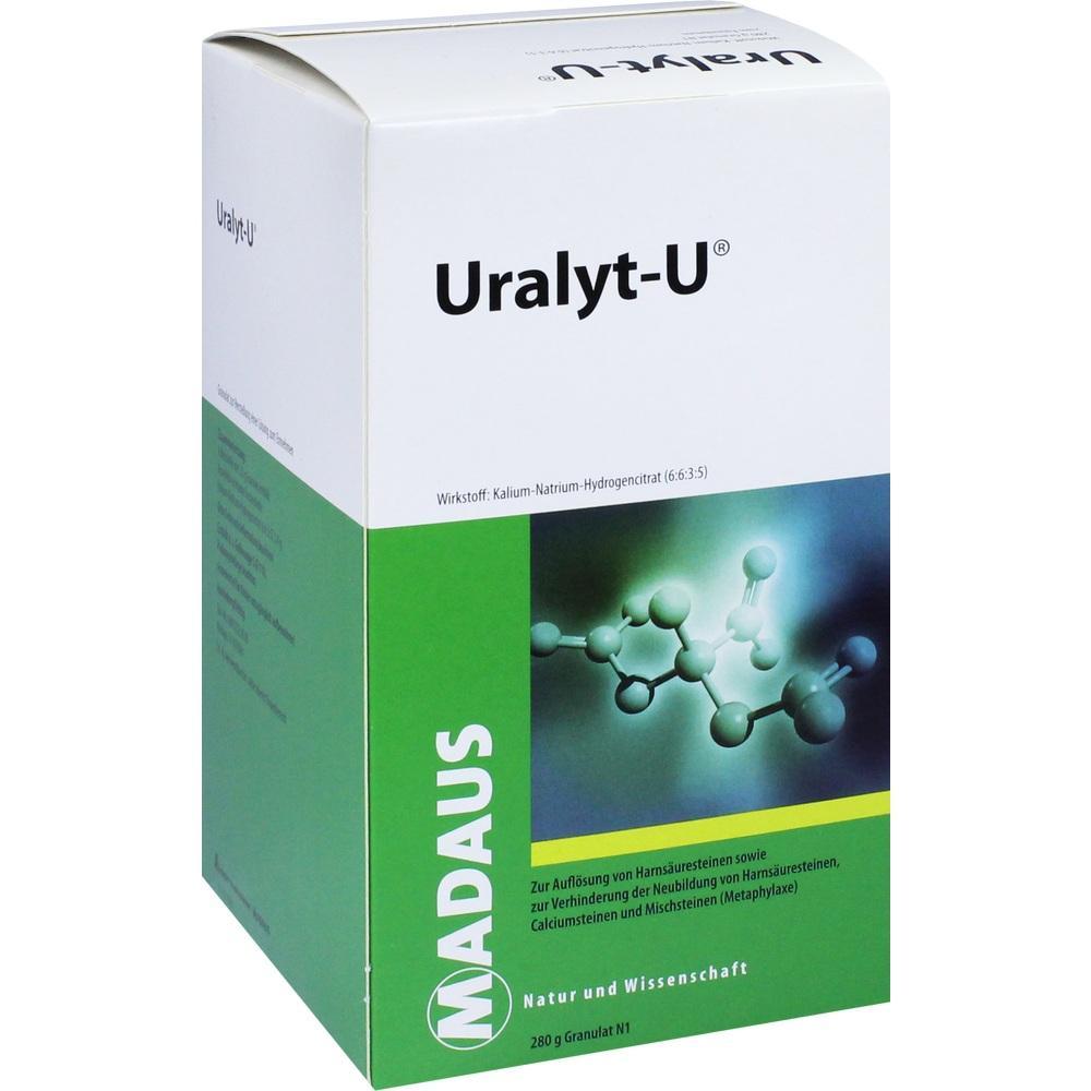 Wei&szlig;e und gr&uuml;ne Verpackung von Urinsteinmedizin namens Uralyt-U.