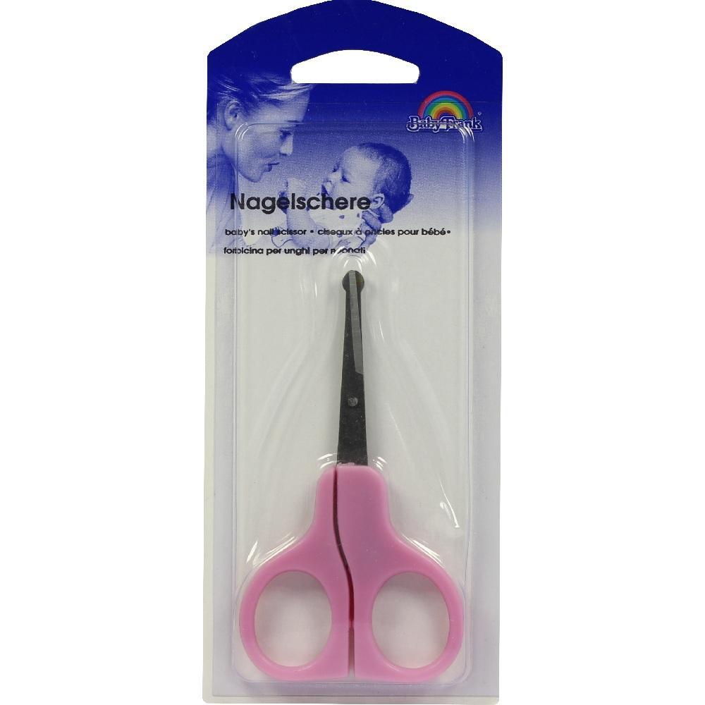 Rosa Babyschere in Plastikverpackung auf blauem Hintergrund.