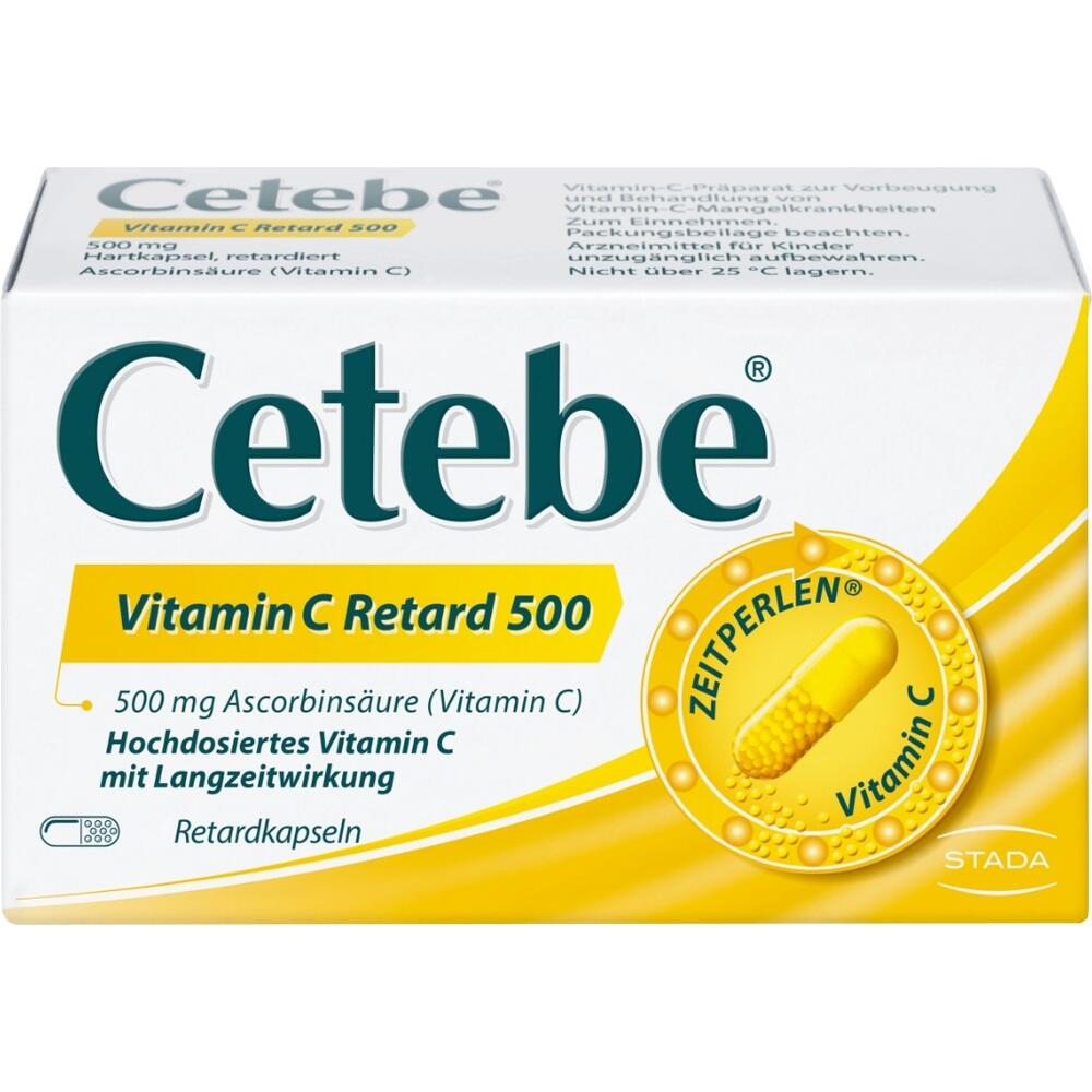 Eine Packung Cetebe Vitamin C Retard 500 mg mit retardierten Kapseln.