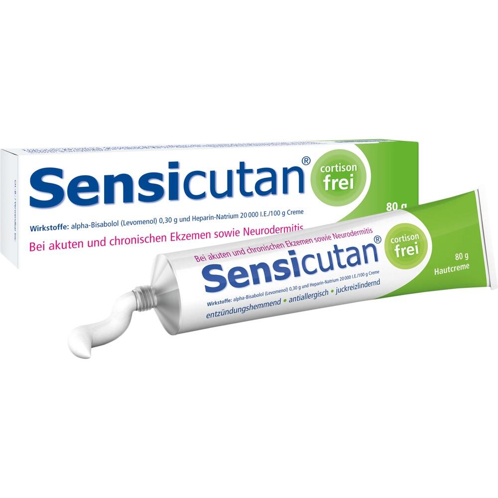 Eine Tube Sensicutan Creme gegen Ekzeme liegt vor ihrer Verpackung.