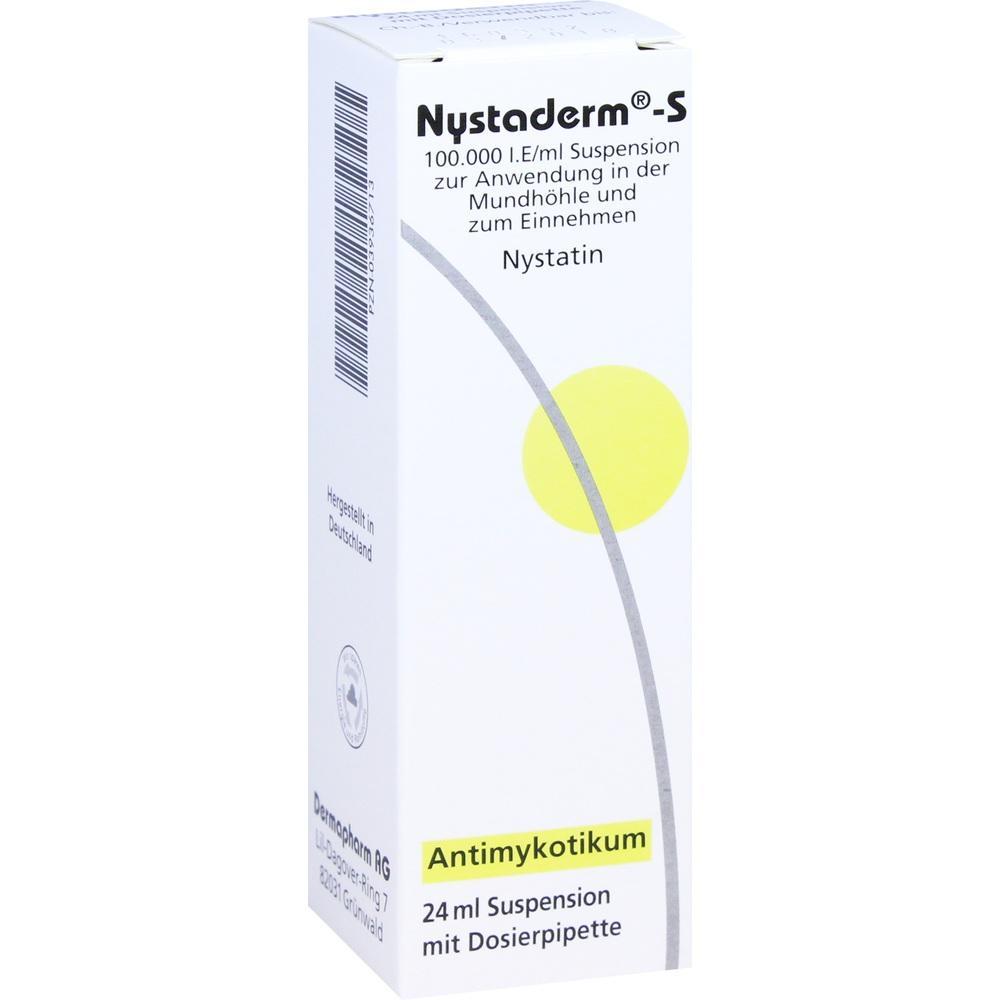 Eine wei&szlig;e Medikamentenverpackung mit der Aufschrift &bdquo;Nystaderm&ldquo; und &bdquo;Antimykotikum&ldquo;.