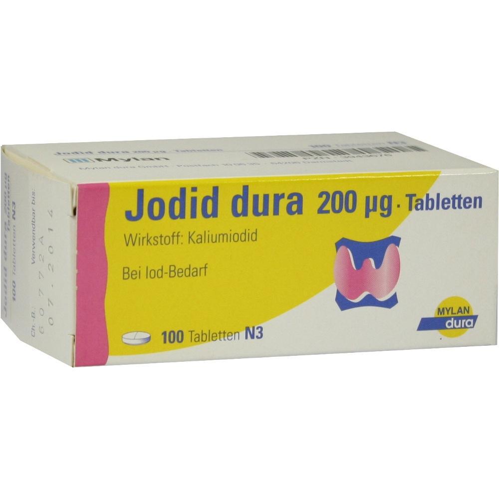 Eine Packung Jodid-Tabletten mit 200 &micro;g Kaliumiodid.
