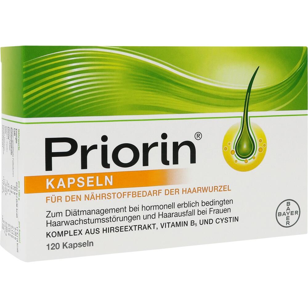 Gr&uuml;ne und wei&szlig;e Verpackung von Priorin Kapseln f&uuml;r Haarn&auml;hrstoffe.