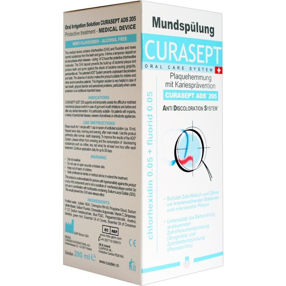 Wei&szlig;e Verpackung einer Mundsp&uuml;lung mit blauem und rotem Text.