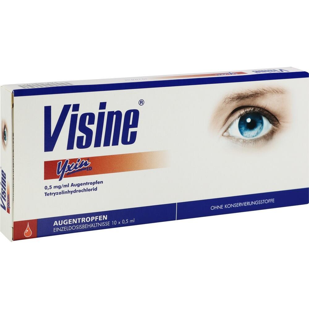 Eine Packung Visine Augentropfen mit einem Bild eines blauen Auges.