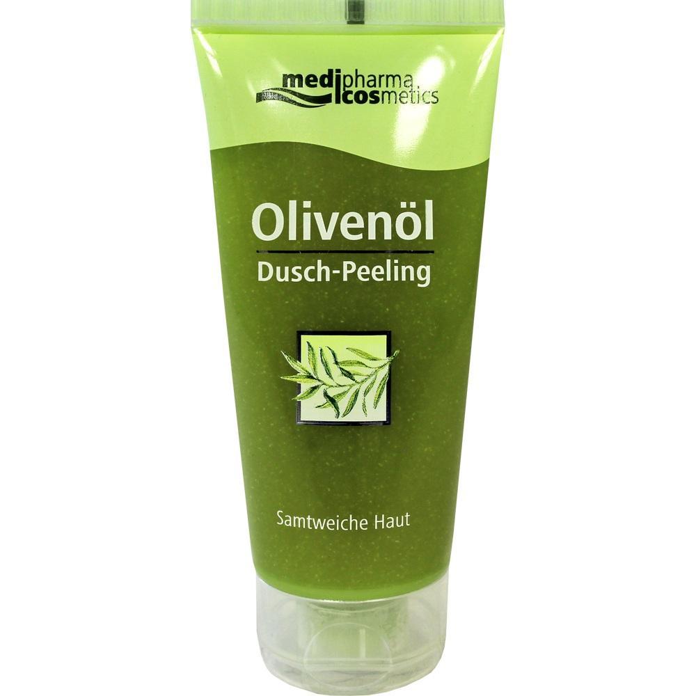 Grüne Tube mit Olivenöl-Duschpeeling für samtweiche Haut.