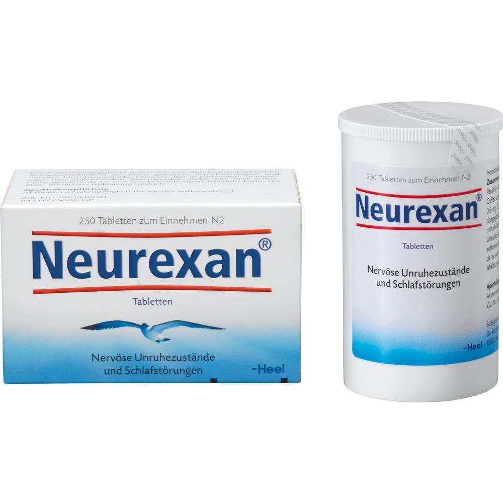 Eine Packung und Dose mit Neurexan-Tabletten gegen Unruhe und Schlafst&ouml;rungen.