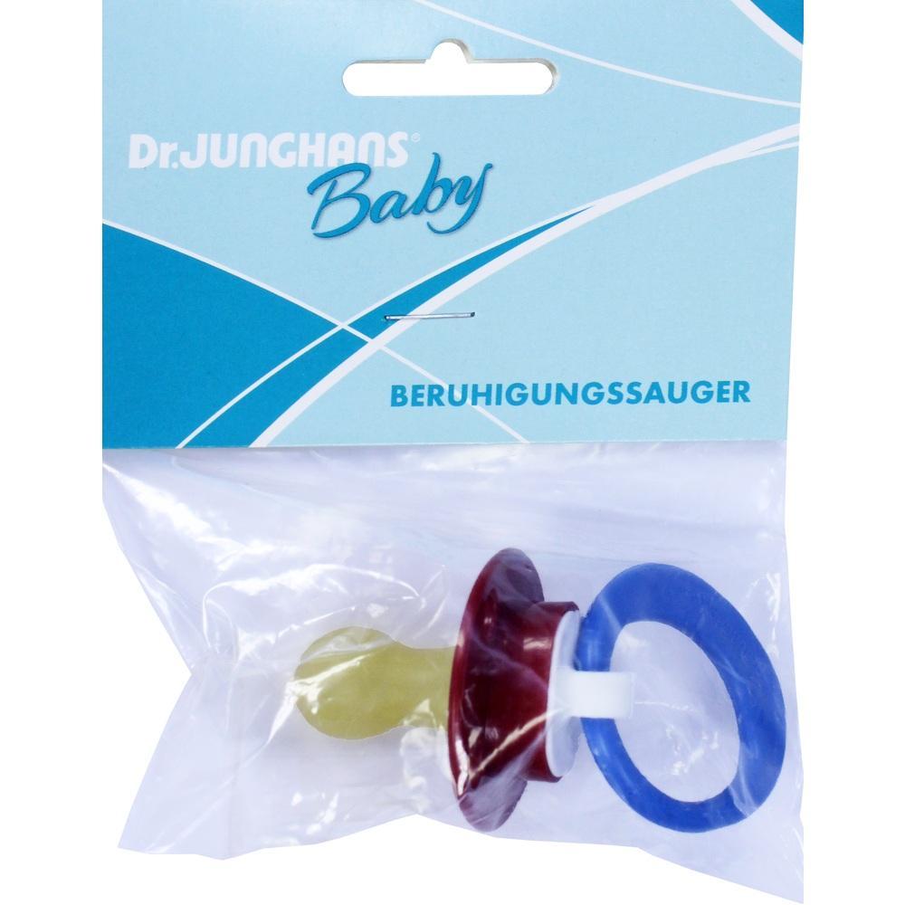 Ein Baby-Schnuller in einer T&uuml;te mit blauem Etikett.