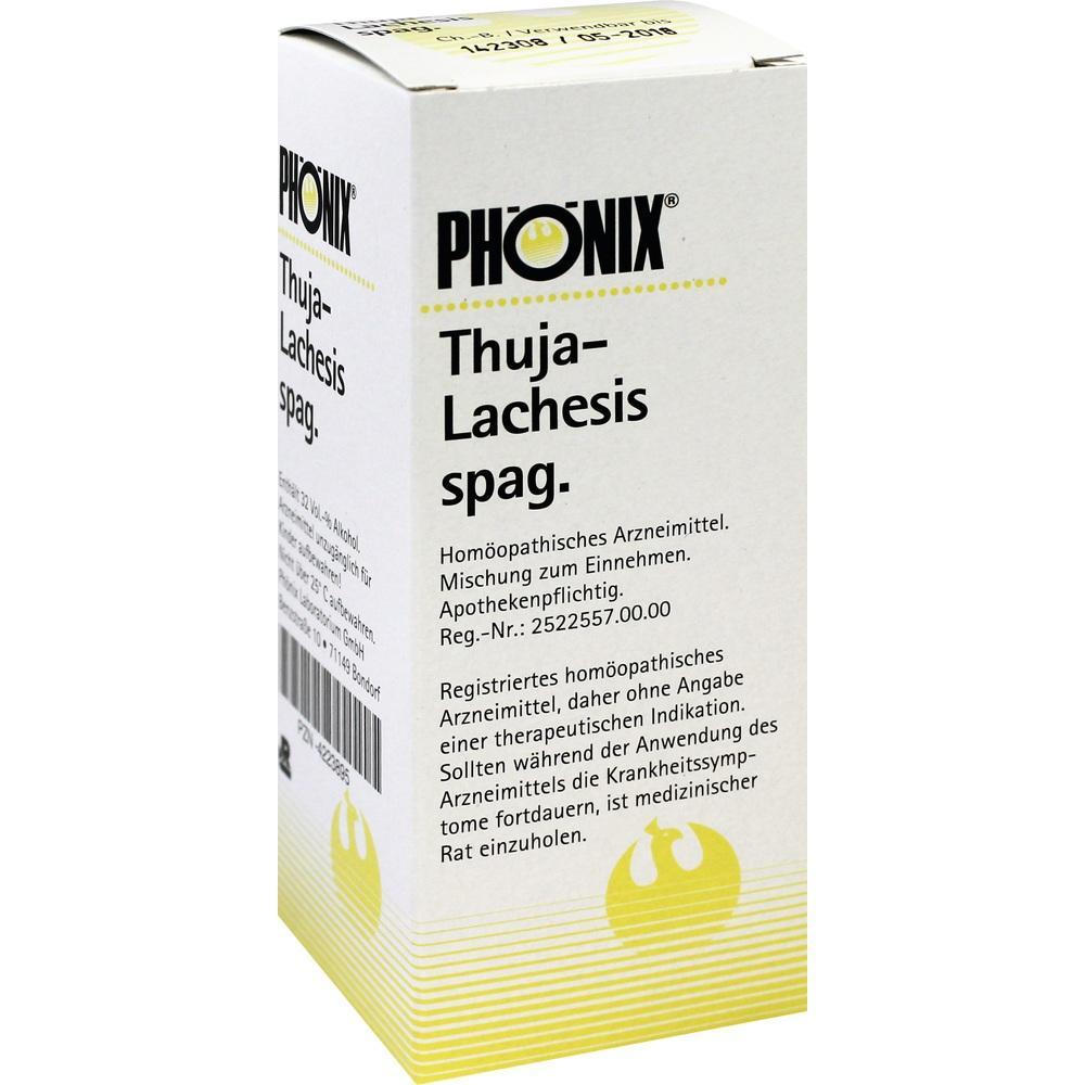 Wei&szlig;e Schachtel mit der Aufschrift "PH&Ouml;NIX Thuja-Lachesis spag.", ein hom&ouml;opathisches Arzneimittel.