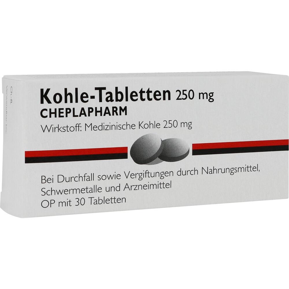 Eine Packung mit Kohle-Tabletten f&uuml;r Durchfall und Vergiftungen.