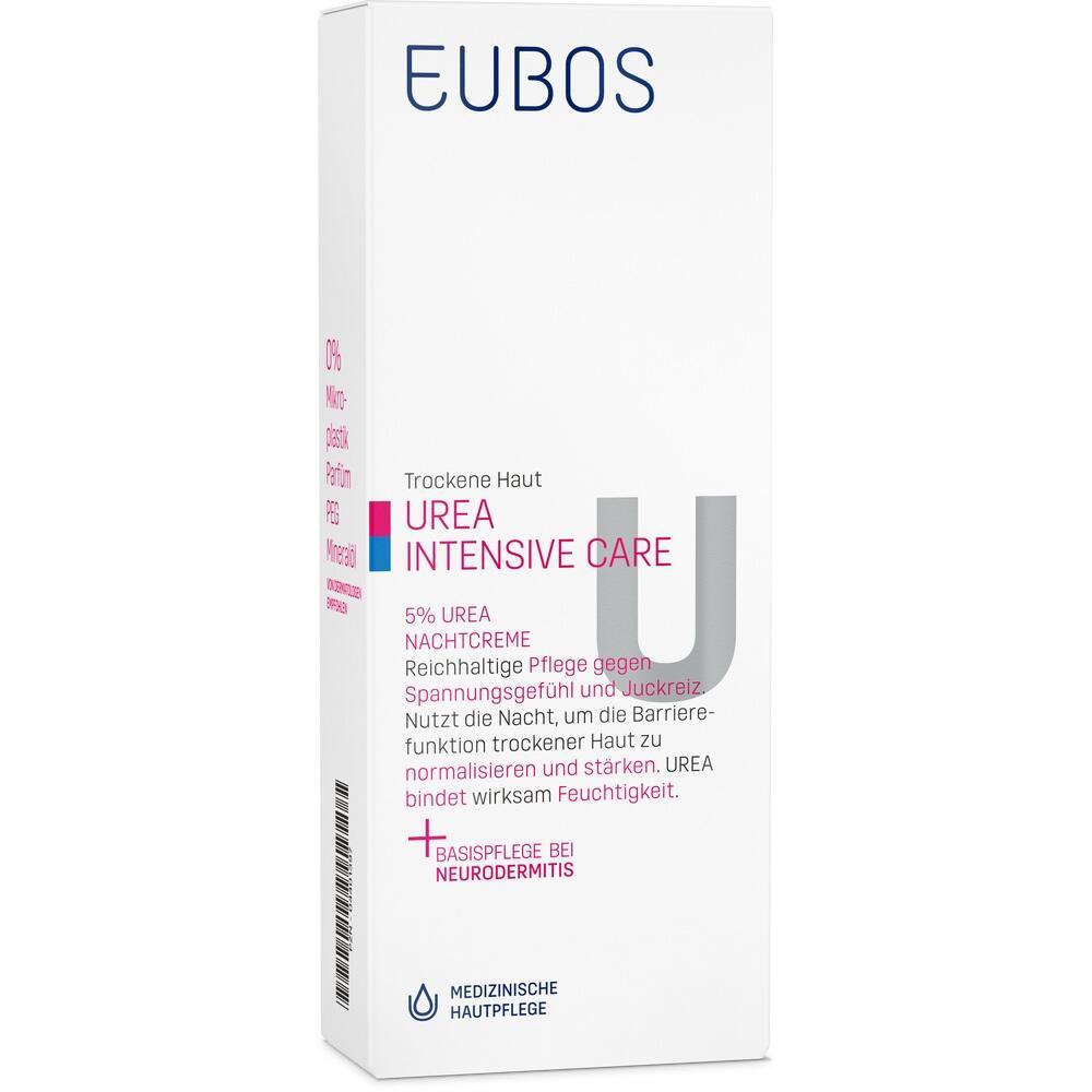 Wei&szlig;e Verpackung einer Urea-Nachtcreme f&uuml;r trockene Haut von Eubos.