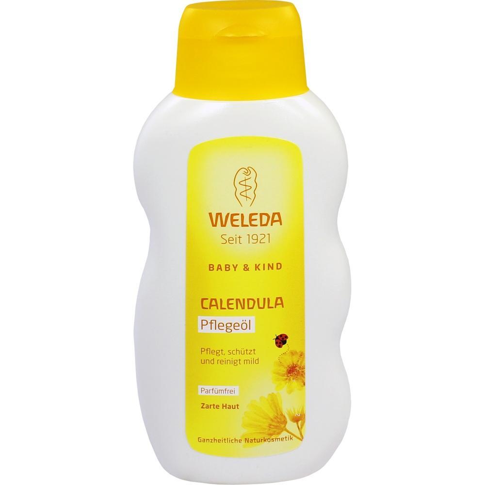 Wei&szlig;e Flasche mit gelbem Etikett, auf dem Pflege&ouml;l f&uuml;r Babys steht.
