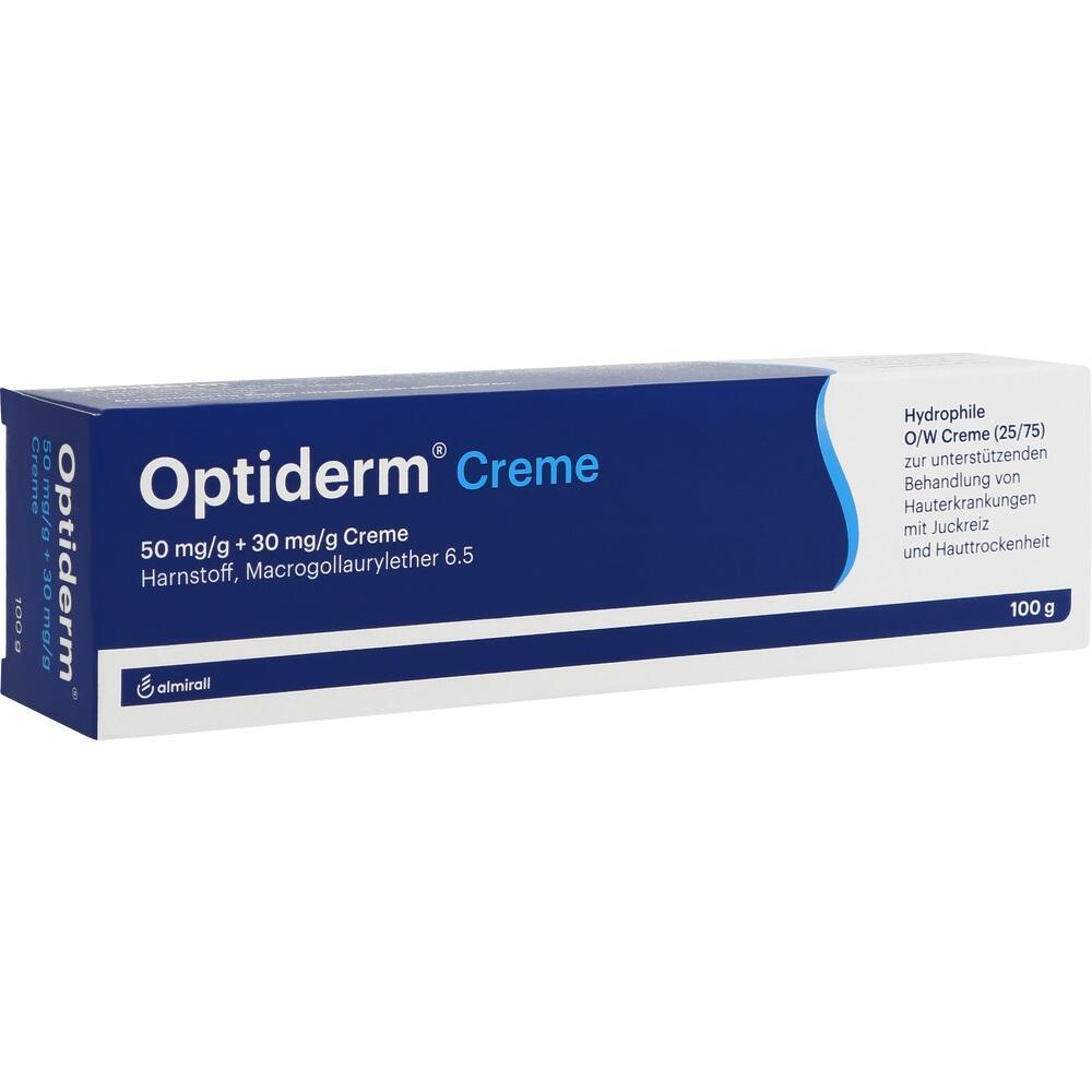 Eine blau-wei&szlig;e Schachtel mit der Aufschrift "Optiderm Creme" f&uuml;r Hautbehandlung.
