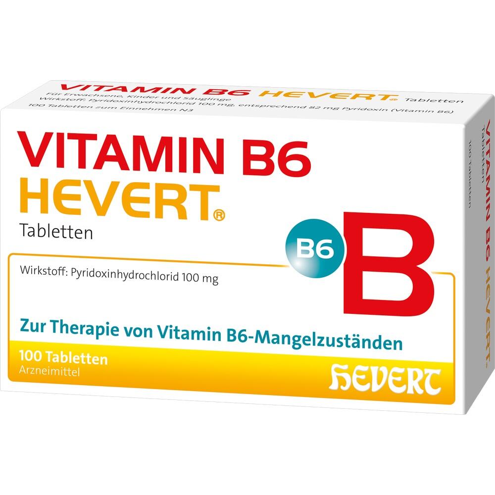 Eine gelbe Packung Vitamin B6-Tabletten von Hevert.